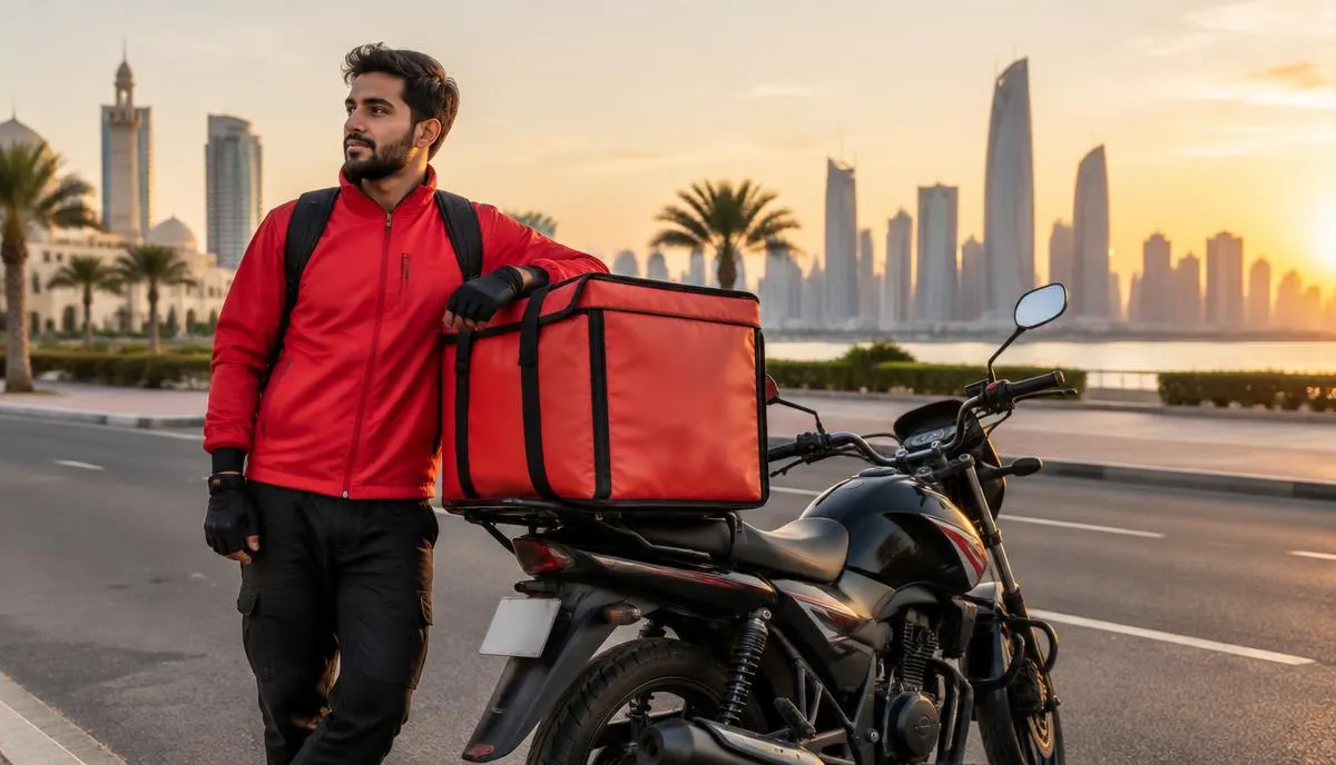 Delivery rider standing beside a motorbike in a city at sunset