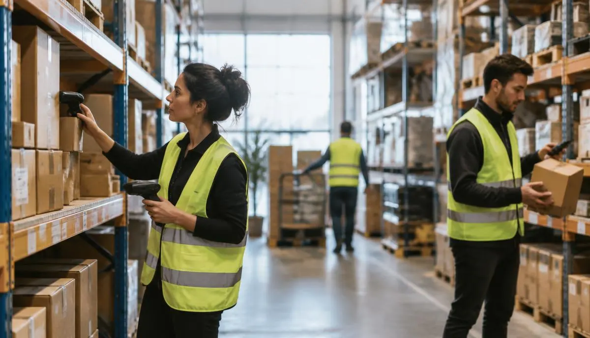 Warehouse workers in safety vests picking and scanning boxes