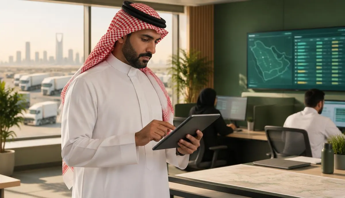 Manager reviewing a workforce schedule on a tablet in a logistics office