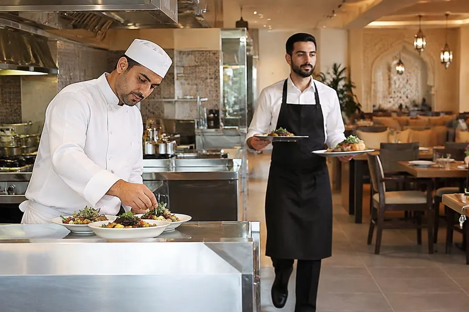 Representative image of a cook plating food and a waiter serving in a restaurant